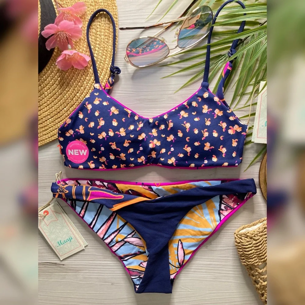 RARE Maaji • Reversible Tropical Floral Bralette Bikini Top | Thin Side Bottoms
